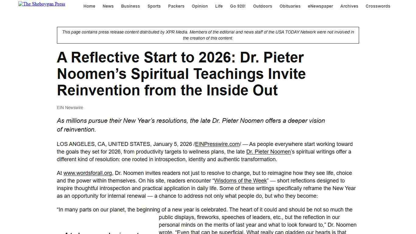 A Reflective Start to 2026: Dr. Pieter Noomen’s Spiritual Teachings Invite Reinvention from the Inside Out - Sheboygan Press